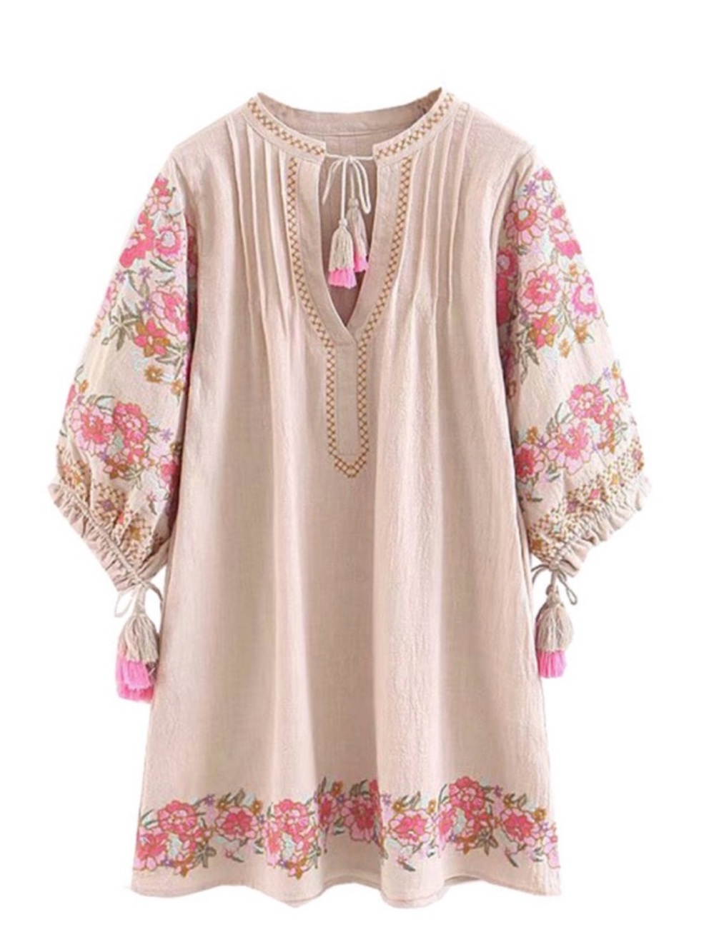 Women’s Pink Floral Embroidered Boho Dress